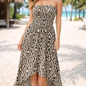LOVE CHESLEY Women's Tan Black Aztec Strapless Boho Summer Hi Low Dress Large
